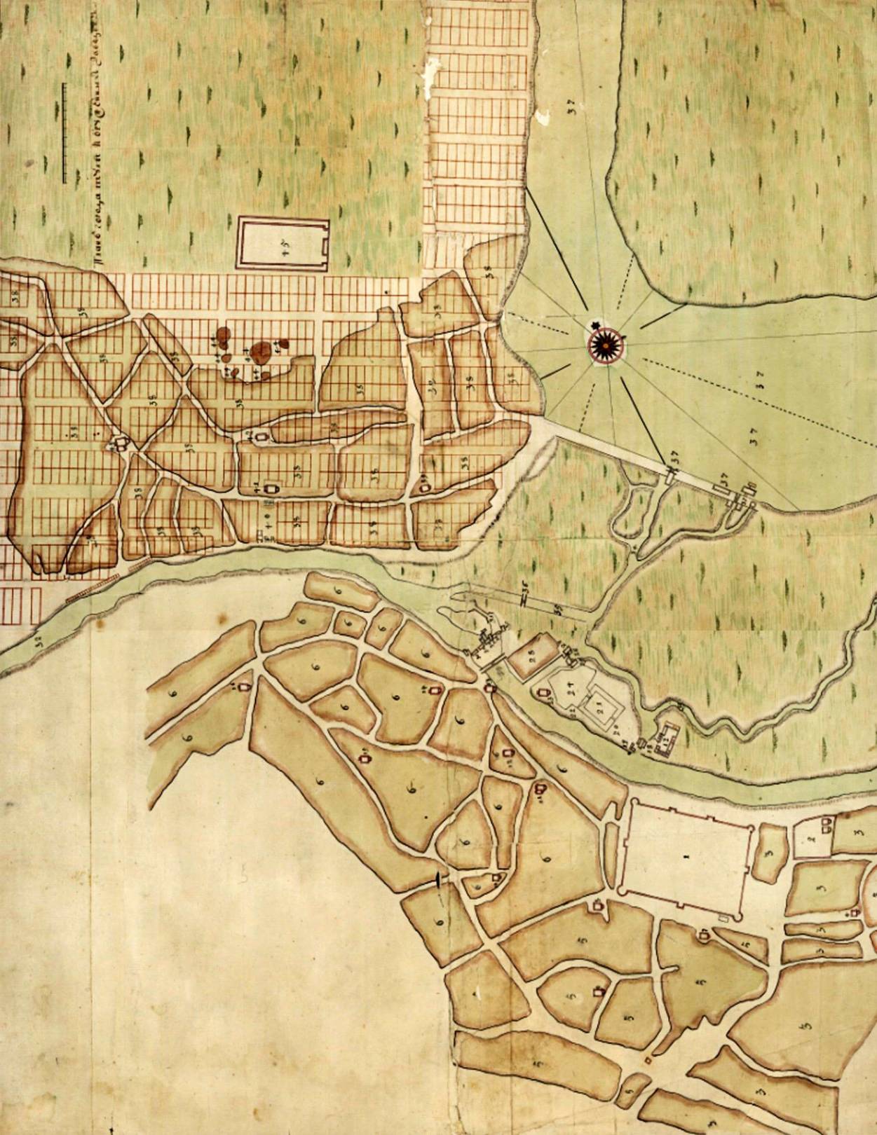 План перепланировки Тулы 1740 год. Перепланировка коснулась только "Заречья" (слева вверху)