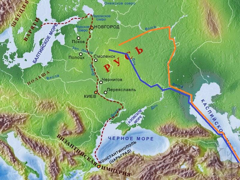 путь из Варяг в Персы (Донской путь на карте выделен синим)