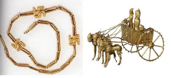 Слева – иранское ожерелье (1-е тысячелетие до н.э.). Справа – боевая колесница из Амударьинского клада
