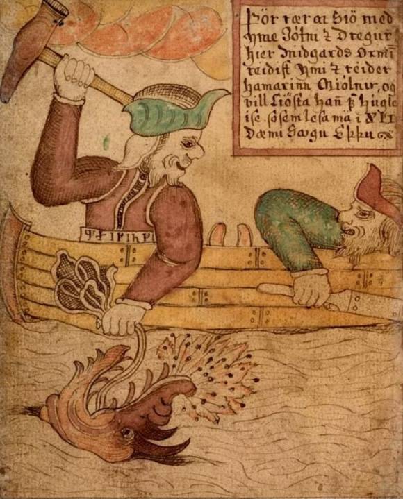  Тор пытается поймать Мирового Змея Ёрмунганд. Изображение взято из исландского манускрипта XVIII-го века.