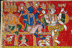 Тримурти, рисунок из индуистского храма в штате Андхра-Прадеш, 1850—1900 гг.
