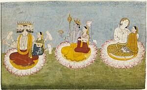 Брахма, Вишну и Шива с супругами (картина ок. 1770 года).