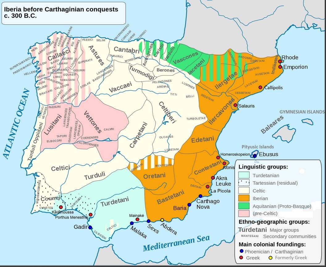 Этнология Пиренейского полуострова ок. 300 г. до н. э., по карте португальского археолога Луиса Фраги 