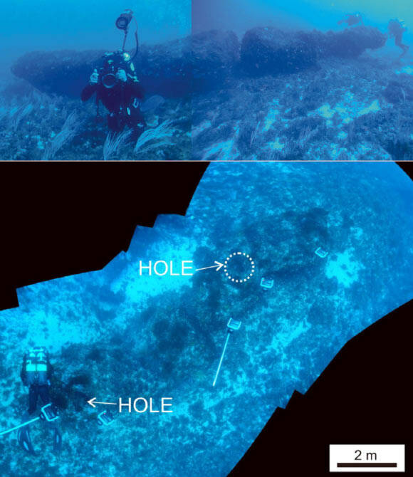 Подводные композитные фотографии, сделанные водолазами, на которых виден обнаруженный монолит и некоторые детали. Вверху: полный вид сбоку. Внизу: полный вид сверху. Изображение предоставлено: Эмануэле Лодоло / Цви Бен-Авраам.