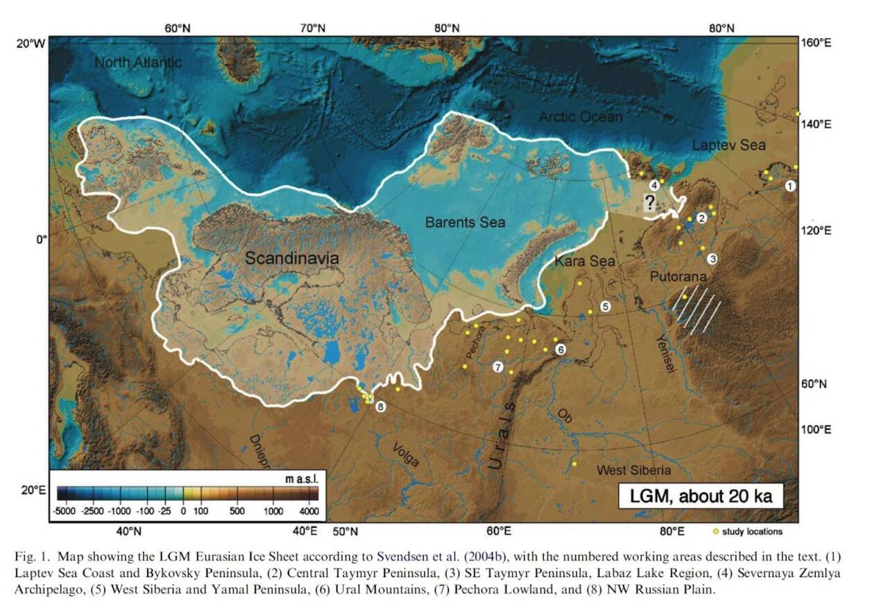 Карта, показывающая Евразийский ледниковый щит последнего ледникового максимума (LGM) согласно Svendsen et al. (2004), с пронумерованными рабочими областями, описанными в тексте. Истоник: https://history.eco/aleks-a-almistov-pervye-lyudi-na-krajnem-severe-rossii-kromanonczy-russkogo-zapolyarya/