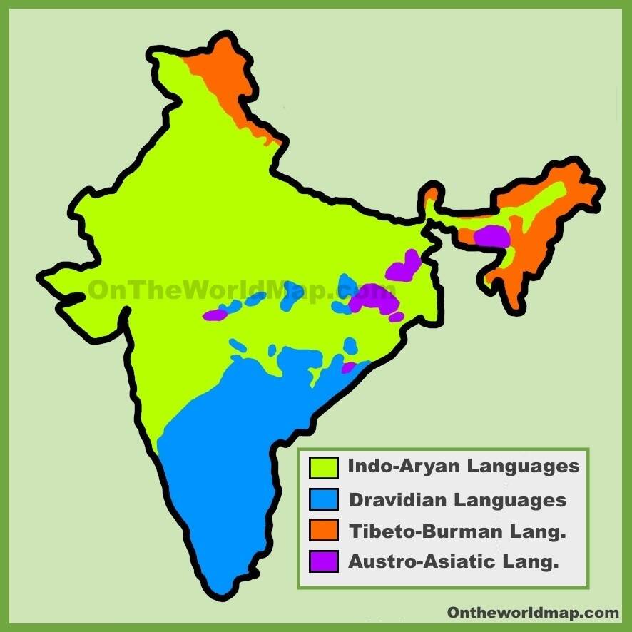 Индоевропейские и дравидийские языки на современной карте Индии