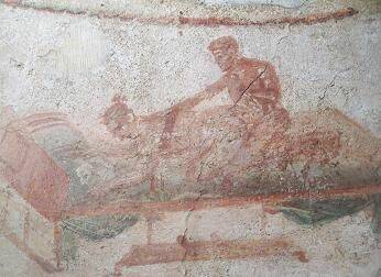 Одна из фресок Помпеи изображающая эротическую сцену с проституткой. 