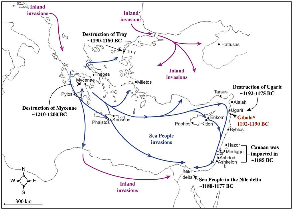 Направление миграций народов моря в Эгейском море и Восточном Средиземноморье. Источник: https://ru.wikipedia.org/wiki/Народы_моря