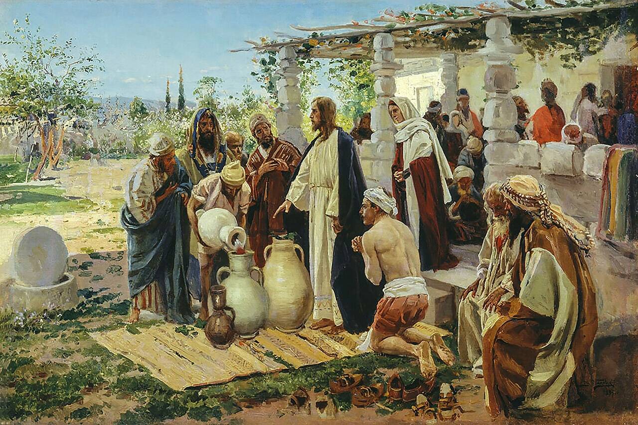 Иисус превращает воду в вино. Чудо Иисуса Христа в Кане Галилейской. Маковский чудо в Кане. Чудо в Кане Галилейской живопись.