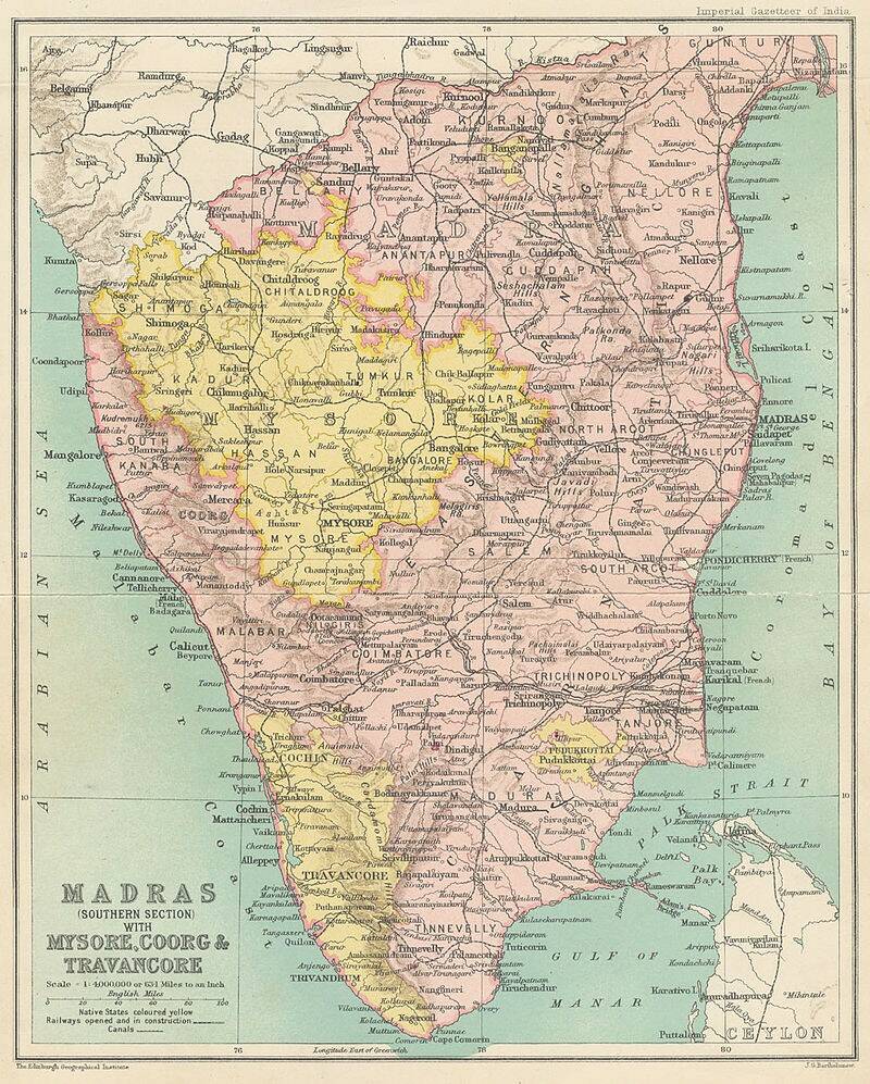 Мадрасское президентство на карте Британской Индии