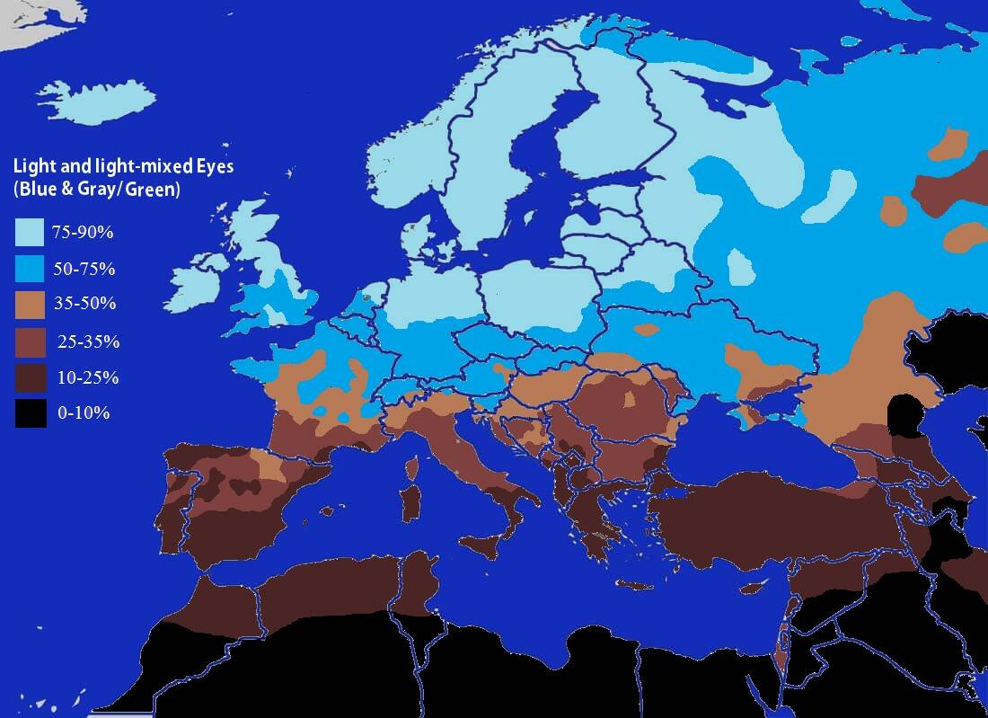 Карта распространенности голубых (серых/зеленых) глаз