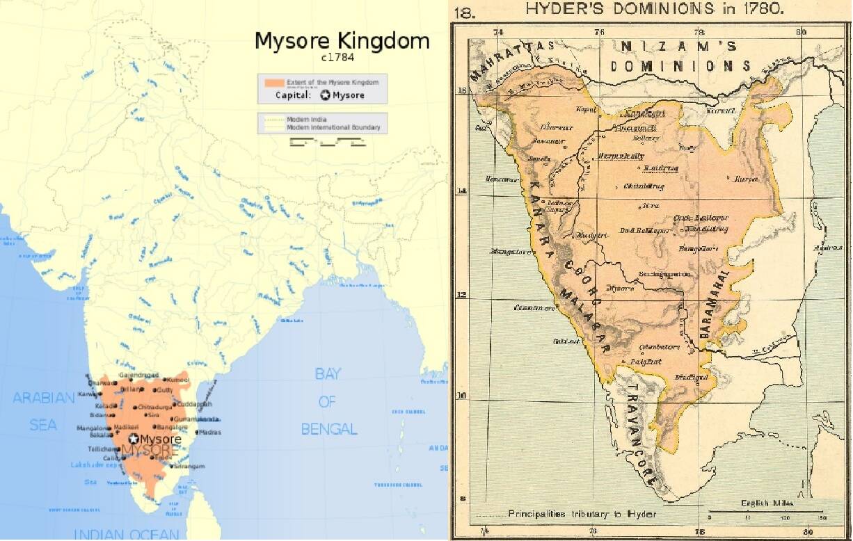 Султанат Майсур во время правления Типу Султана, 1784 г. н.э. (в период расцвета) Доминионы королевства Майсур, которыми правил Хайдер Али в 1780 году.