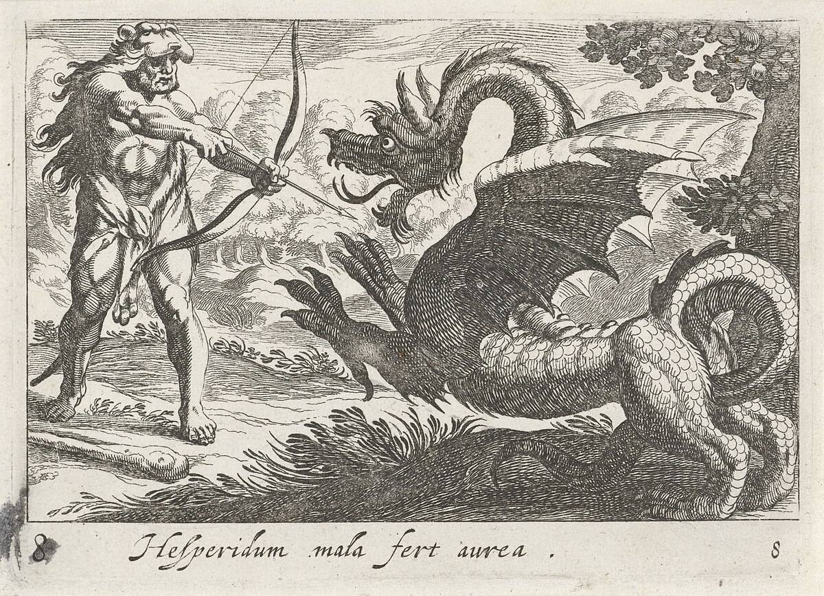 Hercules_doodt_de_draak_Ladon_Hesperidum_mala_fert_aurea_(titel_op_object)_Herculische_thema's_(serietitel),_RP-P-1882-A-6109